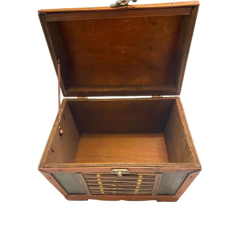 Interior Accents Vintage Asian Wooden Storage Treasure Chest Brown Bamboo Brass